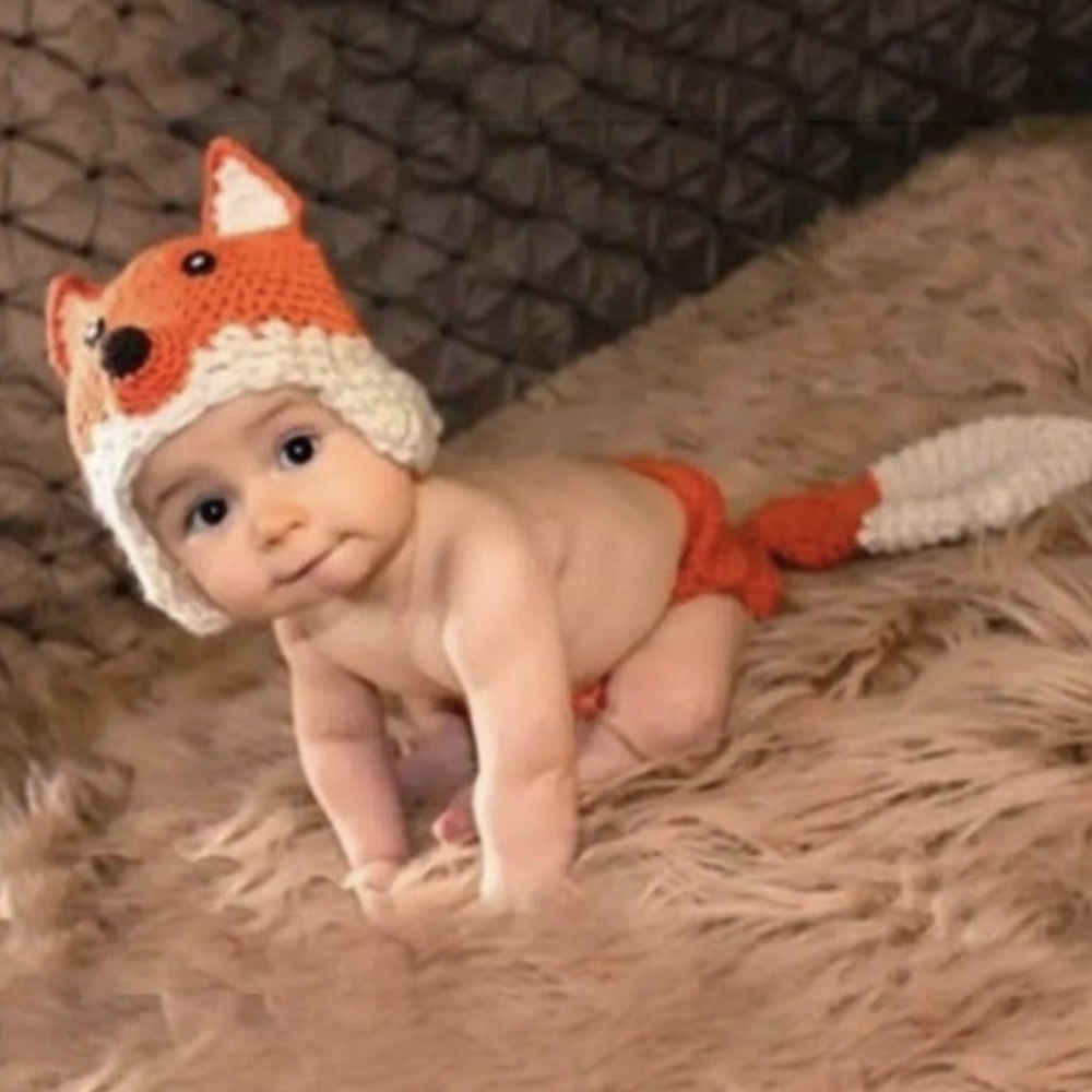 Crochet Baby Fall Fox Outfit Photo Prop Costume Knit Diaper Cover Clothes